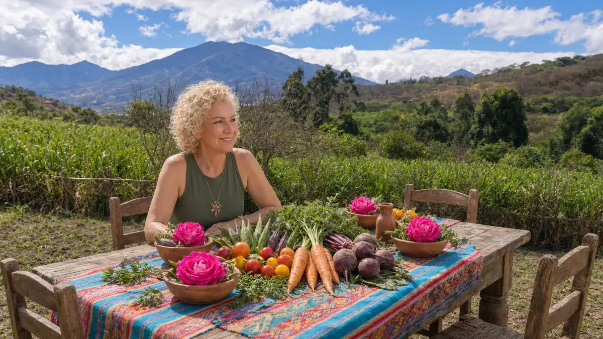 Monica en la mesa viva, con el cañaveral y la montaña del valle detrás