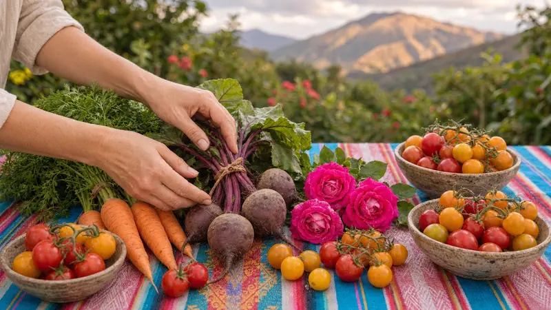Manos, mantel y productos de la huerta al atardecer en el valle