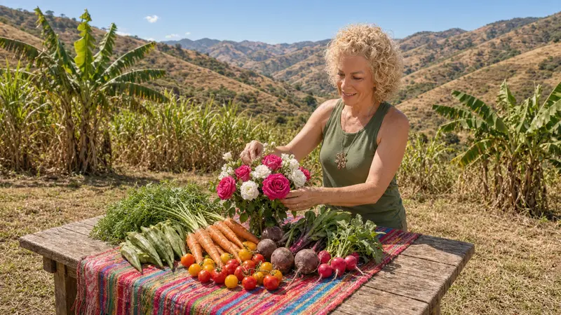 Monica coloca rosas sobre el mantel tejido de la mesa viva